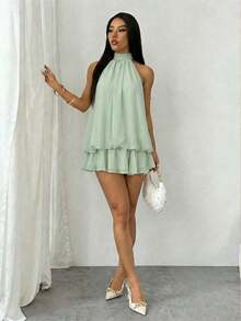 Vestido mini elegante de mujer con cuello halter y lazo en color beige - verde menta - Ver 3
