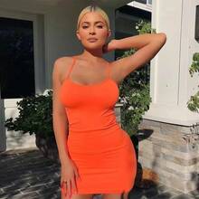 Vestido ajustado sexi para mujer, falda para fiesta en la playa al aire libre, minivestido sin tirantes de fibra de poliéster, cintura Regular - Naranja - Ver 4