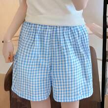 Pantalones de Dormir de Algodón con Estampado de Leopardo para Mujer, Pantalones Holgados y Cómodos para el Hogar, Shorts Casuales Transpirables - cuadrícula azul - Ver 4