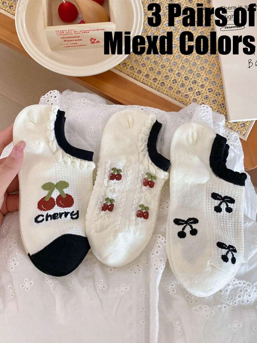 2/3/9 Pairs Summer Low Vamp Socks, Women Short Socks, Cute Cherry Thin Invisible Socks, Versatile & Fresh - Multicolor - View 1