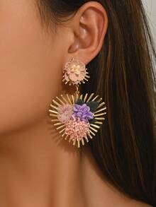 1 Pair Unique Beautiful Beach Style Sunflower & Heart Earrings, Elegant Design Floral Heart Drop Earrings Suitable For Women's Daily, Vacation, Party Wear - Pink - View 2