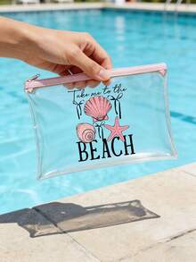 「Take Me To The Beach」印花 PVC 防水海灘包，附貝殼與海星裝飾，PVC 化妝包，PVC 拉鍊收納旅行袋，輕量耐褪色化妝盥洗包，適合女性與男性，TSA 認證便攜化妝收納盒，易清潔設計，適合母親、老師、朋友、護理師，學校假期返校用品盥洗包 - 彩色 - 查看 3