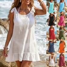 Women's Bikini Cover-Up Dress, Solid Color, Ruffle Trim, Adjustable Straps, Bowknot Beach Dress - White - View 2