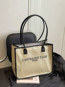 Niche Design Straw Tote Bag, Letter Print, Large Capacity, Casual Vacation Style Shoulder Bag For Women - Khaki - View 7