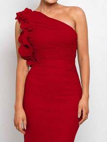 Women's Elegant One-Shoulder Red Long Dress With Ruffle Trim, Suitable For Weddings, Galas, Cocktail Parties, Sexy - Red - View 7