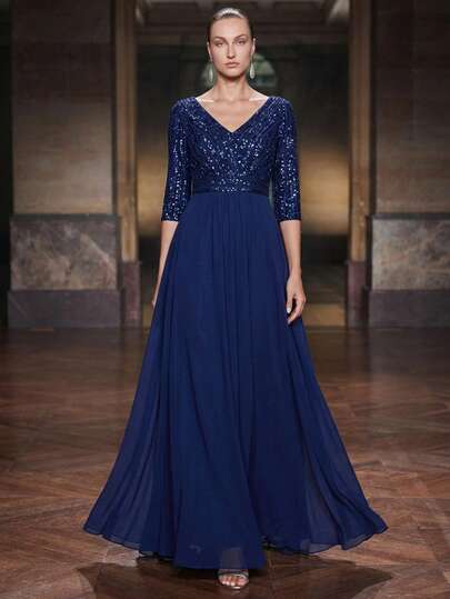 EVERPRETTY Vestido elegante con cuello en V, parches de lentejuelas y mangas cortas, adecuado para bodas, fiestas de gala formales, Día de la Madre, vestido de madre de la novia