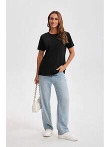 Camiseta básica clásica de algodón para mujer, de cuello redondo y manga corta, camiseta holgada de color sólido, top deportivo de color sólido, sudadera, camiseta de verano. - 0-Negro - Ver 4