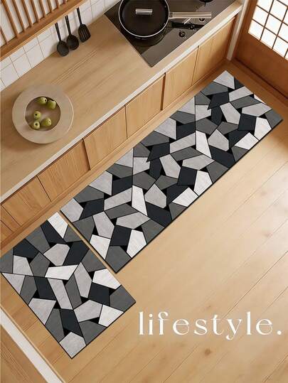 1pc Soft Rubber Water-Absorbing Kitchen Mat, 3.5mm Thick Absorbent Rug For Large Or Small Area, Nordic Minimalist Style, Modern Abstract Geometric Pattern, Neutral Black, White, Gray Colors, Asymmetrical Polygon Patchwork Design Room Decor Carpet