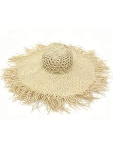 1 pieza Sombrero de paja de ala ancha, estilo bohemio elegante y casual, con parte superior redonda y borlas, sombrero de sol de moda para la playa, versátil para vacaciones, viajes y uso diario - A - Ver 4