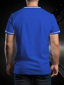 Blue Tone Leeds United Themed 3D Digital Print Short Sleeve Tee, Front Decorated With Badge Logo, Body Covered In Fine Horizontal Stripes, Shoulders And Sides Accented With Yellow-White Contrast Lines, Sleek Silhouette Combines Sports Vigor And Fresh Texture. - Multicolor - View 2