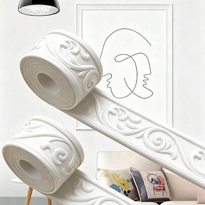 1pc 90.55 X 2.36 Inch 3D Baseboard Wall Sticker, Self-Adhesive Wallpaper Border Trim, Removable 3D Flexible Foam Wall Edge Molding, White Self-Stick Wall Paper Frame, Decorative Baseboard, Suitable For Mirrors, Walls, Hotels DIY Decor