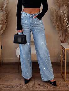 2025 New Fashion European And American Women's Loose Straight Leg Rhinestone Embellished Denim Maxi Pants Casual Vacation Spring - Medium Wash - View 5