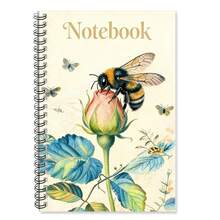 粉色玫瑰花苞上绘有水彩蜜蜂和蝴蝶图案的螺旋装订笔记本，内页为横格纸，品质上乘，便于携带，适合记录、备忘录或学生笔记，复古艺术风格 | 送给家人、朋友和艺术青年的最佳礼物 - N - 查看 3