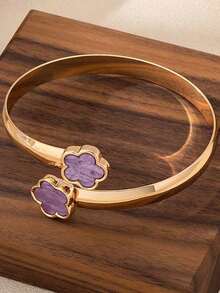 Set de 6 piezas de joyería con flor de la suerte, 1 pieza collar, 1 pieza pulsera, 1 pieza brazalete, 1 pieza anillo, 1 pieza de aretes, adecuado para uso diario, fiesta, vacaciones - Morado - Ver 6