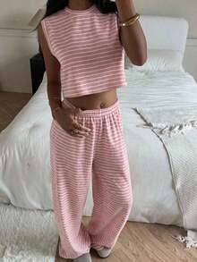 Conjunto de 2 piezas para mujer, top sin mangas a rayas y pantalones, casual - Rosa - Ver 3