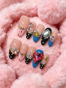 10pcs Y2K Cute Colorblock Heart Rhinestone Artificial Nails, Polka Dot Colorful Rhinestone Almond Detachable Press-On Nail Tips - Multicolor - View 3