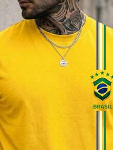 Men's T-Shirt, Brazil 3 Stripe Blouse, Summer Short Sleeve Shirt, Premium Cotton - Màu vàng - Xem 2