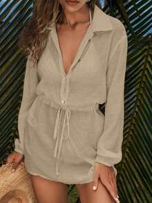 Conjunto de ropa de verano para mujer: blusa elegante y casual con mangas de globo, botones y lazo; vestido corto ligero y minimalista para la playa, de uso versátil - Caqui - Ver 3