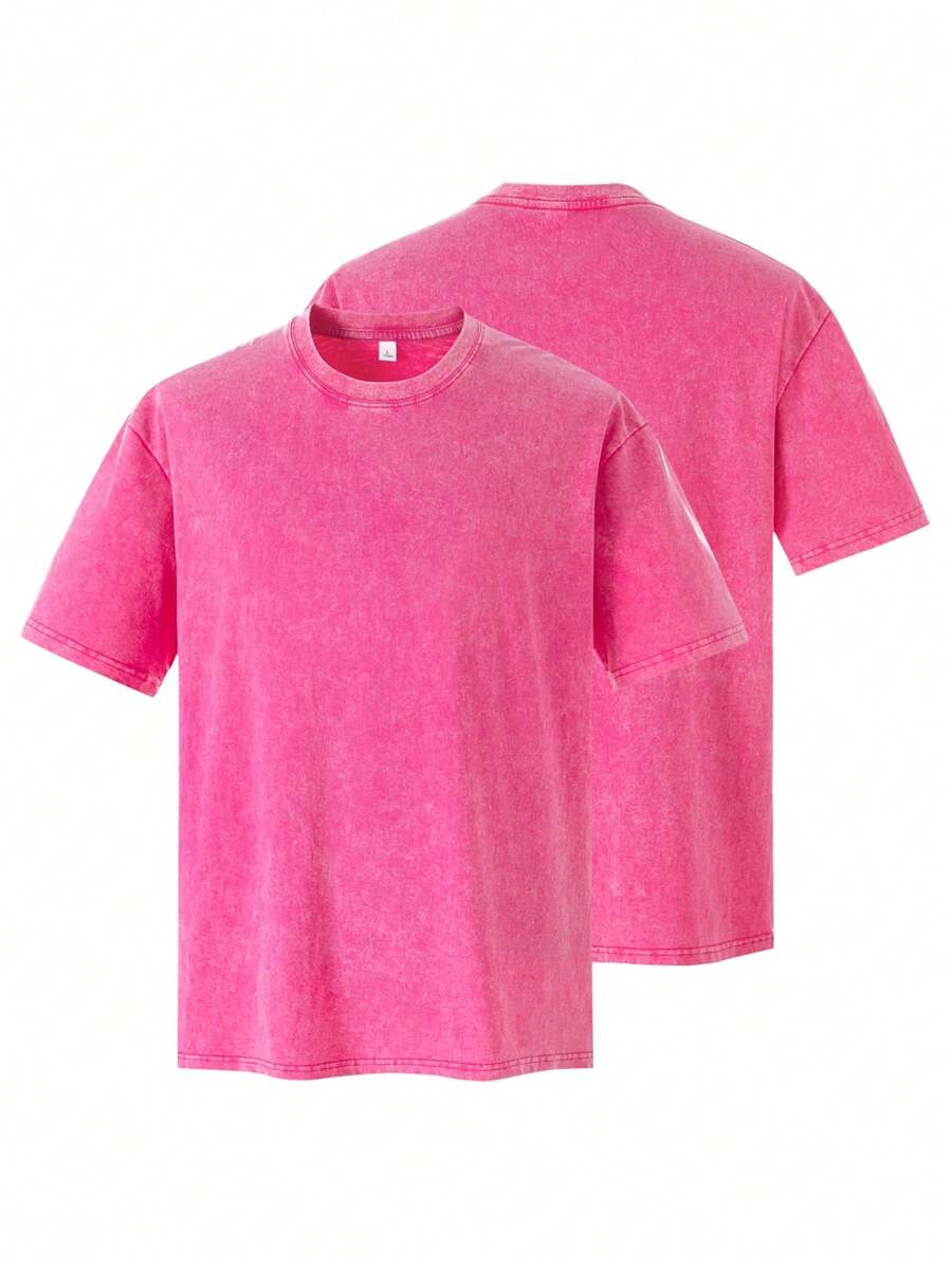 Herren T-Shirt mit Vintage-Waschung, Rundhalsausschnitt, lockere Passform, einfarbiges Streetwear- und Basic-Shirt für Männer - Pink - Übersicht 1