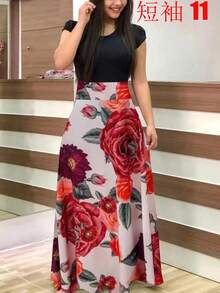 Vestido de manga corta a juego con estampado de flores de estilo europeo y americano para mujer, falda con vuelo grande, 2024 - dahuaduo - Ver 6