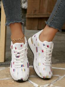 Women's Rainbow Striped Distressed Chunky Sneakers, Fashion New Lace-Up Low-Top Casual Sports Shoes, Soft Sole Comfortable Lightweight Outdoor Casual Trainers, Versatile For All Seasons - White - View 11