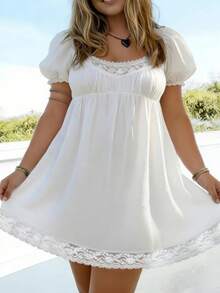 Women Plus Size Lace Splicing Dress Solid Color Square Neck Puff Sleeve Casual Loose Short Mini Dress - White - View 3