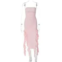2024 verano Maxi vestido de mujer Vintage elegante negro moda sin mangas ajustado espalda descubierta Irregular borla vestidos de fiesta bata de calle - 979-rosa - Ver 1