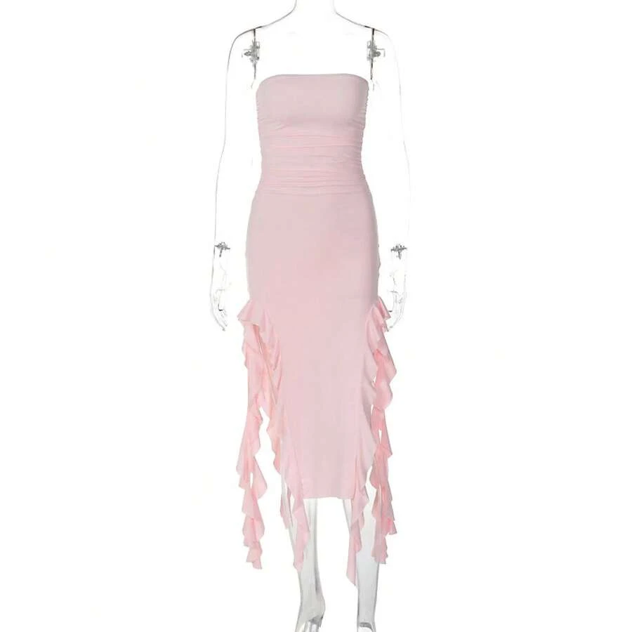 2024 verano Maxi vestido de mujer Vintage elegante negro moda sin mangas ajustado espalda descubierta Irregular borla vestidos de fiesta bata de calle - 979-rosa - Ver 1