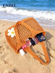 ENBEI 2026 Summer New Floral Beach Bag, Foldable Tote Bag, Practical Holiday Essential, Hollow Out Shoulder Bag For Beach, Travel, Shopping, Back To School, Suitable For Girls, Office Ladies, Students, Also Great Gift For Mother's Day, Valentine's Day Or Back To School Season - Multicolor - View 5