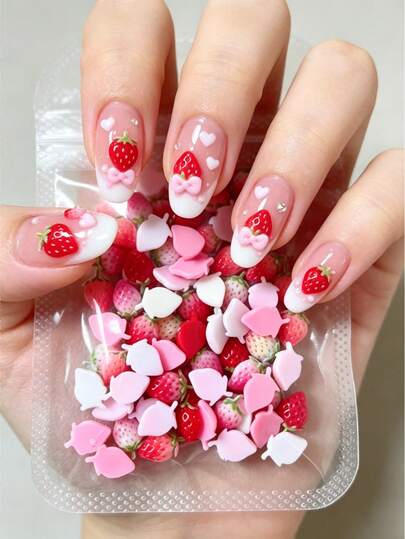 50pcs Mini 3D Strawberry Nail Art Decorations, Gradient Resin Strawberry Accessories, Sweet Girl Style Nail Art DIY Decor