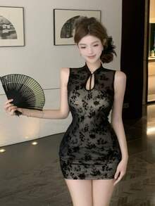 Pure And Delicate Style Ink Painting Print, Women's Summer Dress With Dried Rose Pattern, New Summer Style, Sexy Openwork French Dress - Black - View 4