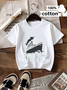 Summer T-Shirt Made From 100% Casual Fabric With A Ship Graphic Print. This Fun Summer Design Is Machine Washable And Offers A Regular Fit, Perfect For Everyday Wear. It's Playful Fashion For Kids, A Cotton T-Shirt, A Great Summer Outfit. - White - View 1