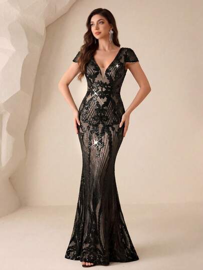 [Randomly Cut] Women's Deep V-Neck Backless Dress, Decorated With Shiny Sequins, Charming Party Evening Gown, Bridal Dress, Birthday Dress, Graduation Dress, Formal Dress, Wedding Guest Dress Black Spring