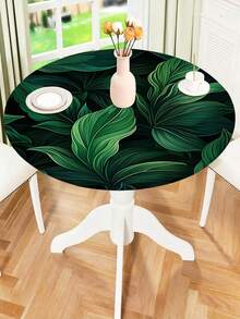 1pc Tropical Palm Leaf Tablecloth With Elastic Band, Polyester Hawaiian Green Leaf Round Tablecloth For Kitchen, Dining Room, Party, Patio Table - A - View 4