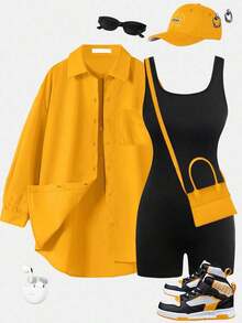 Conjunto de dos piezas para mujer estilo Y2K urbano, camisa holgada rosa de botones y overol ajustado negro de tirantes, ideal para viajes aéreos, verano casual, regreso a clases y looks deportivos juveniles - Amarillo - Ver 2