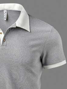 [ROYALBOY] Men's Textured Color Block Waffle Patchwork Sleeve Polo Shirt - Grey - View 5