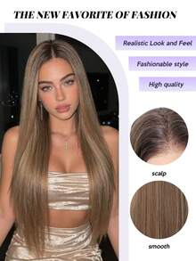 30 Inch Ombre Light Brown 13x4 Lace Front Wig For Women Long Straight Synthetic Hair Wig Pre Plucked Natural Hairline Heat Resistant Glueless Hair Wig Daily Party Cosplay Realistic Hairline Lightweight Breathable Easy Install Beginner Friendly - 棕色 - 查看 8