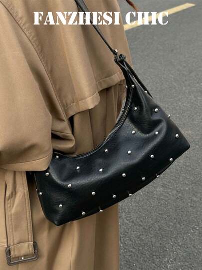 This Stylish Solid-Color Women's Shoulder Bag Is Made Of PU Material With A Studded Design. It Features A Y2K Style And A Street Vibe. The Adjustable Shoulder Strap And Crossbody Design Make It Suitable For Young Women, Students, Fashionistas, Office Workers, And For Daily Outings, Commuting, Shopping, Dating, Vacations, And Weekend Trips.