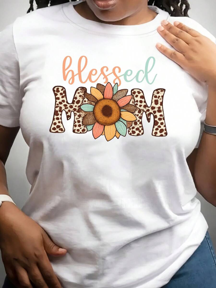 GiftGiftLeaf Floral Print Short Sleeve T-Shirt, Round Neck, Summer Casual, Floral Tweed T-Shirt For Mother's Day, Women's Top, Mother's Day Gift, Soft. - 白色 - 查看 1