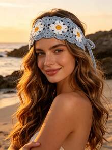 Flower Crochet Hair Band Boho For Summer Headband Turban Headband Sweatband, School Stuff, College, Headbands Fall Winter Hair Accessories For Women For Vacation Outfits Woman Elegant Scarf Women Bandana Soft Headwrap,Festival,Party - Blue - View 2