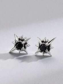 1 Pair Fashionable Unique Black Rhinestone North Star Stud Earrings, Suitable For Men's Daily And Festival Wear - 黑色 - 查看 2