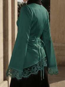 Women's Elegant Lace Patchwork Asymmetric Hem Long Sleeve Blouse, Suitable For Spring And Summer - Dark Green - View 2