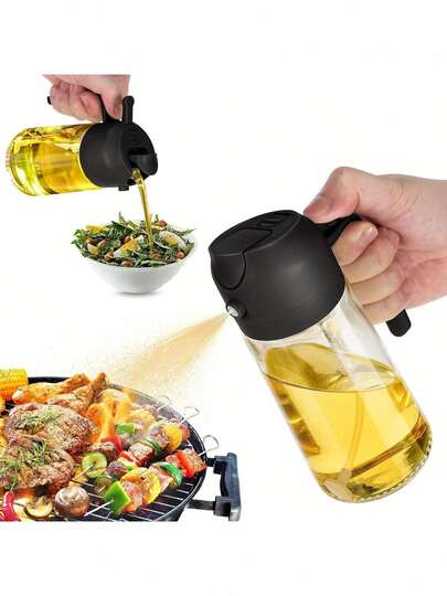 1Pc Simple Practical Style Transparent Solid Color 2-In-1 Oil Sprayer Dispenser Bottle, Shatter-Proof Leak-Proof Material, 470ml Large Capacity Adjustable Fine Mist Pour Dual Use Ergonomic Grip, Perfect For Cooking Salad Baking Air Fryer Pan-Frying, Oil Control Kitchen Gadgets Portable Camping Cookware, General Home Festival Family Dinner Essentials, Practical Kitchen Essential