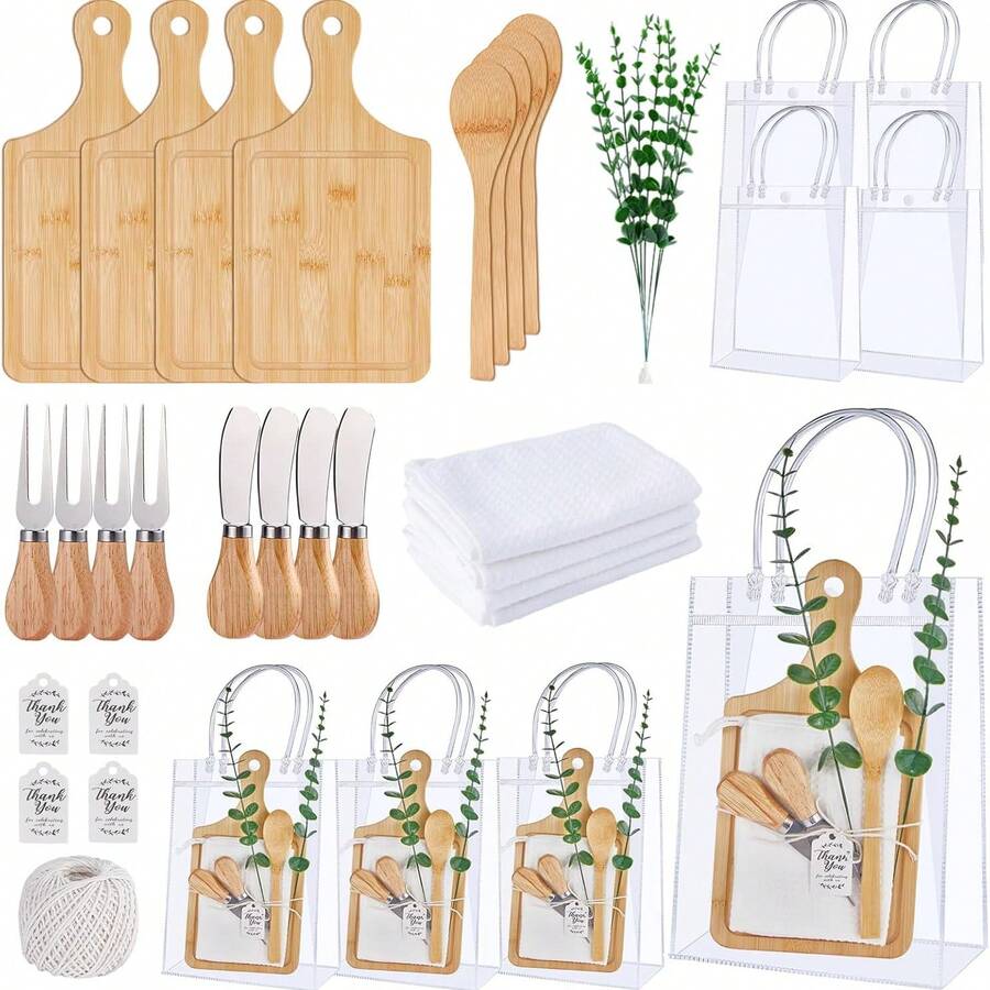 6 Sets Baby Shower Game Winner Prizes, 55pcs Baby Shower Game Prizes, Bamboo Cheese Board, Spoon, Fork, Butter Knife, Towel, Suitable For Wedding Bridal Shower Game Prizes & Gifts