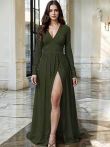 Vestido Largo Escote En V Con Corte Princesa En Pico Para Dama - Verde militar - Ver 1