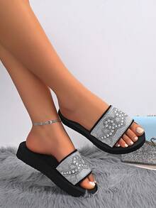 Summer Rhinestone & Pearl Thick-Sole Slide Sandals, Black Non-Slip Outdoor Slippers, Casual Vacation Soft Platform Slippers, Comfortable Versatile For Indoor & Outdoor Wear - Black S15 - View 5