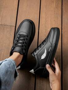 男士撞色羽毛图案系带休闲运动鞋,多功能户外通勤舒适运动鞋 - 黑色 - 查看 9