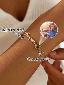 1pc Customized Photo Projection Bracelet, Personalized Name Engraved Stainless Steel Bracelet, Unique Custom Gift For Couples, Lovers, Women, Suitable For Valentine's Day, Wedding, Anniversary - Multicolor - View 3