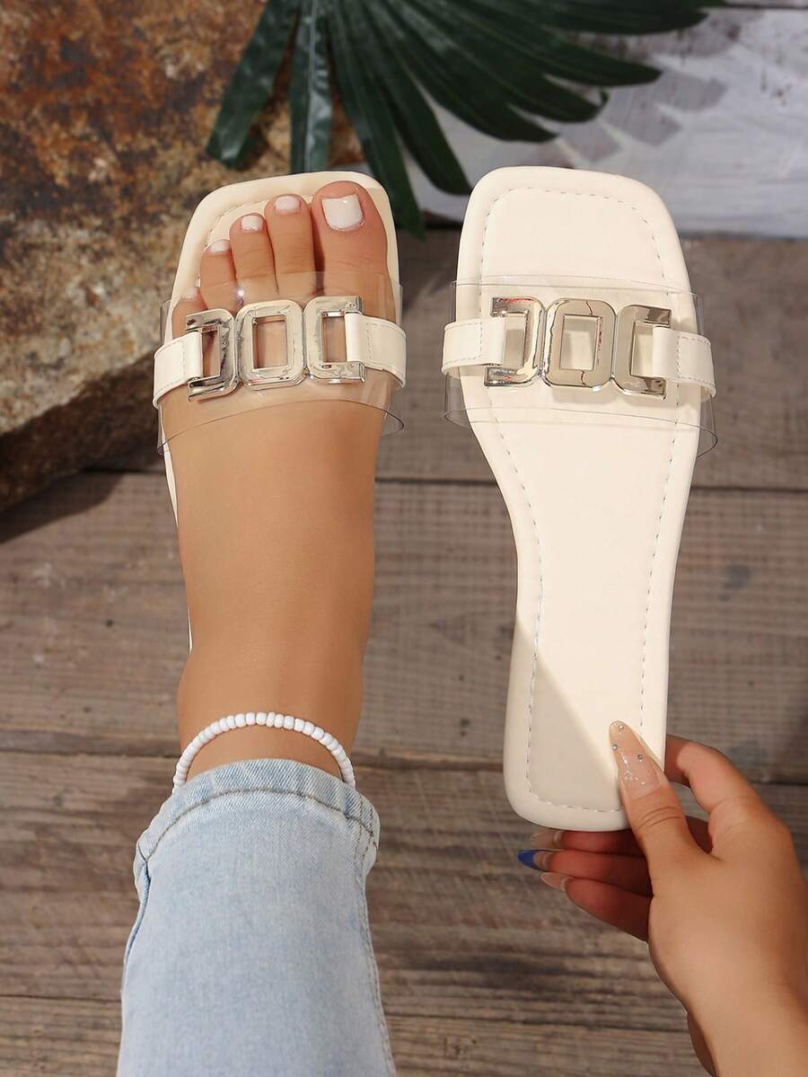 Women's Comfortable Slip-On Flat Slippers, Fashionable Retro Design With Buckle Decor, Suitable For Daily Wear With Style - Beige - View 1