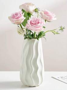 1pc Bohemian Style Beige And White Striped Ceramic Vase With Fresh Flowers - Modern Small Flower Vase Suitable For Pampas Grass, Home Decor For Living Room, Coffee Table Or Bookshelf, Gift, Living Room Decor | Bohemian Style Vase | Ribbed Texture Vase, Vase Decor - Multicolor - View 8